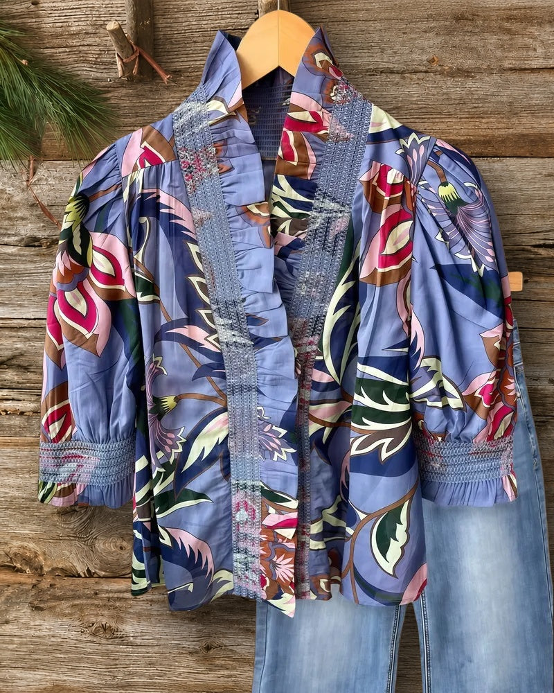 Floral Print Glamorous Smocked Ruffles V Neck Blouse
