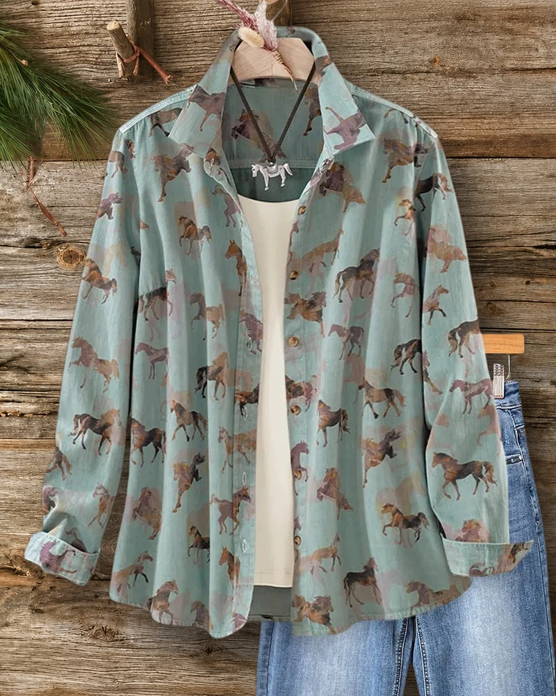 Horse Print Button Front Long Sleeve Relaxed Fit Casual Shirt