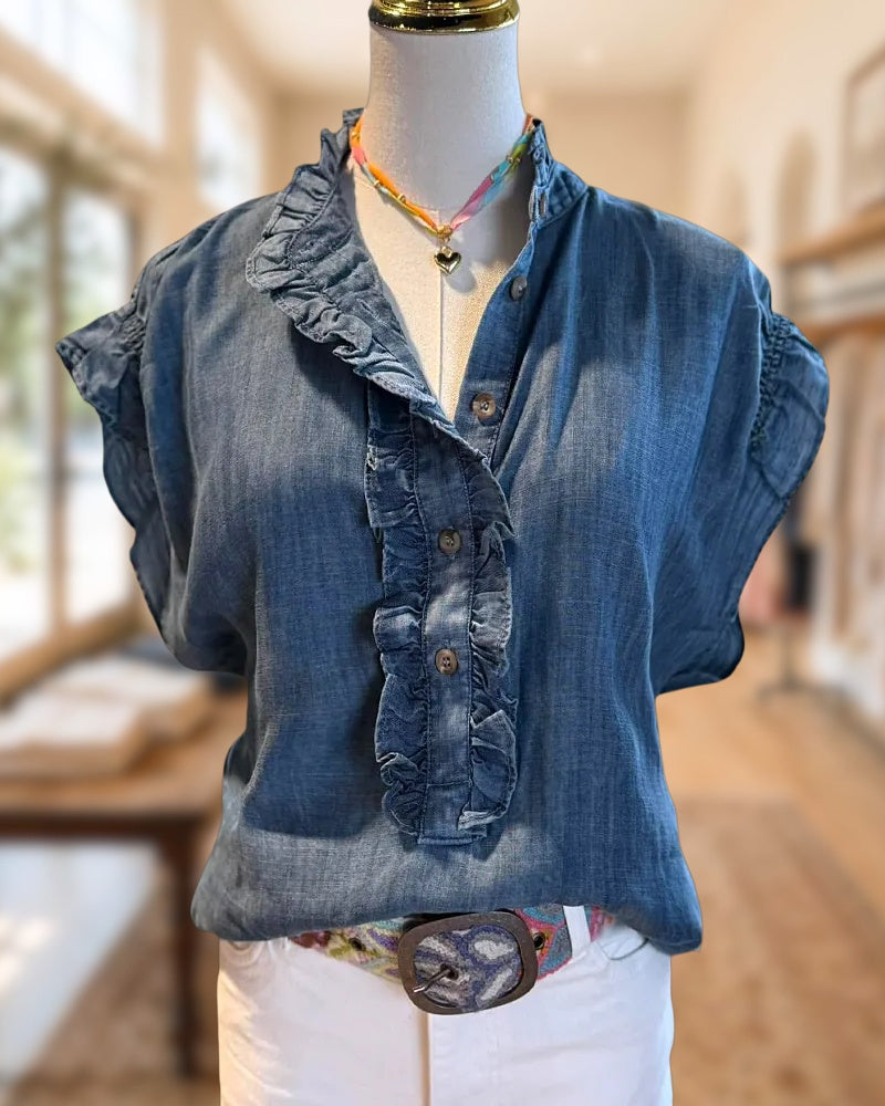Ruffled Trim Stand Collar Solid Color Short Sleeve Blouse