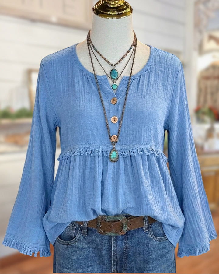 Fringe Trim Half Button Empire Waist Long Sleeve Blouse