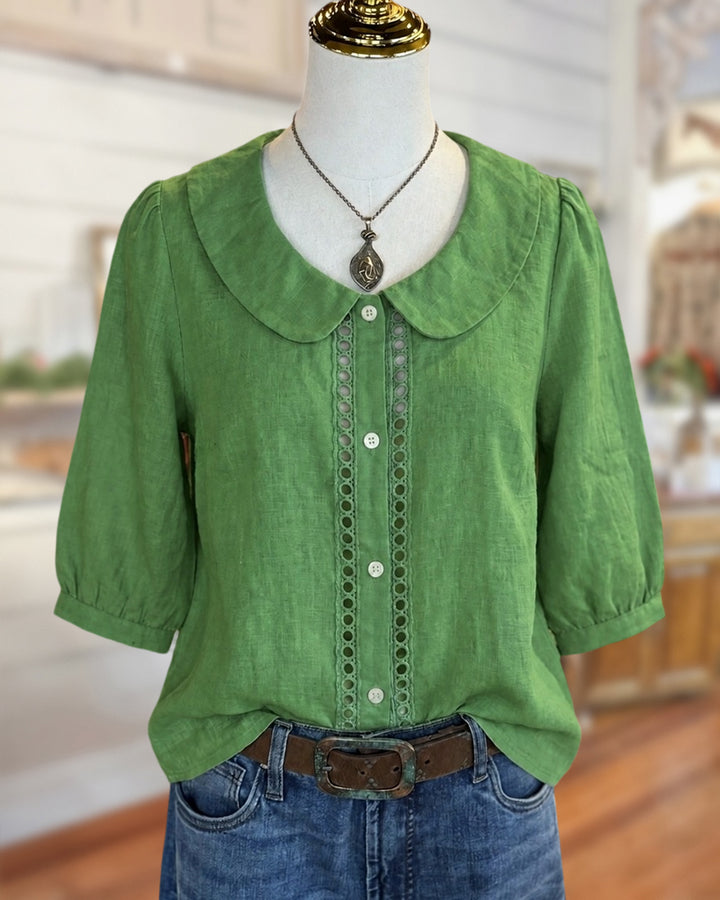 Peter Pan Collar Eyelet Trim Puff Sleeve Casual Blouse