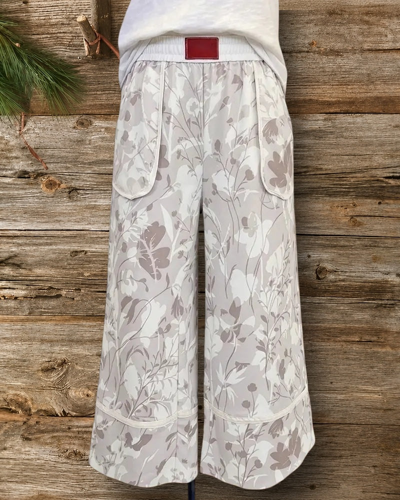 Elastic Waist Floral Print Pocketed Wide Leg Casual Culottes