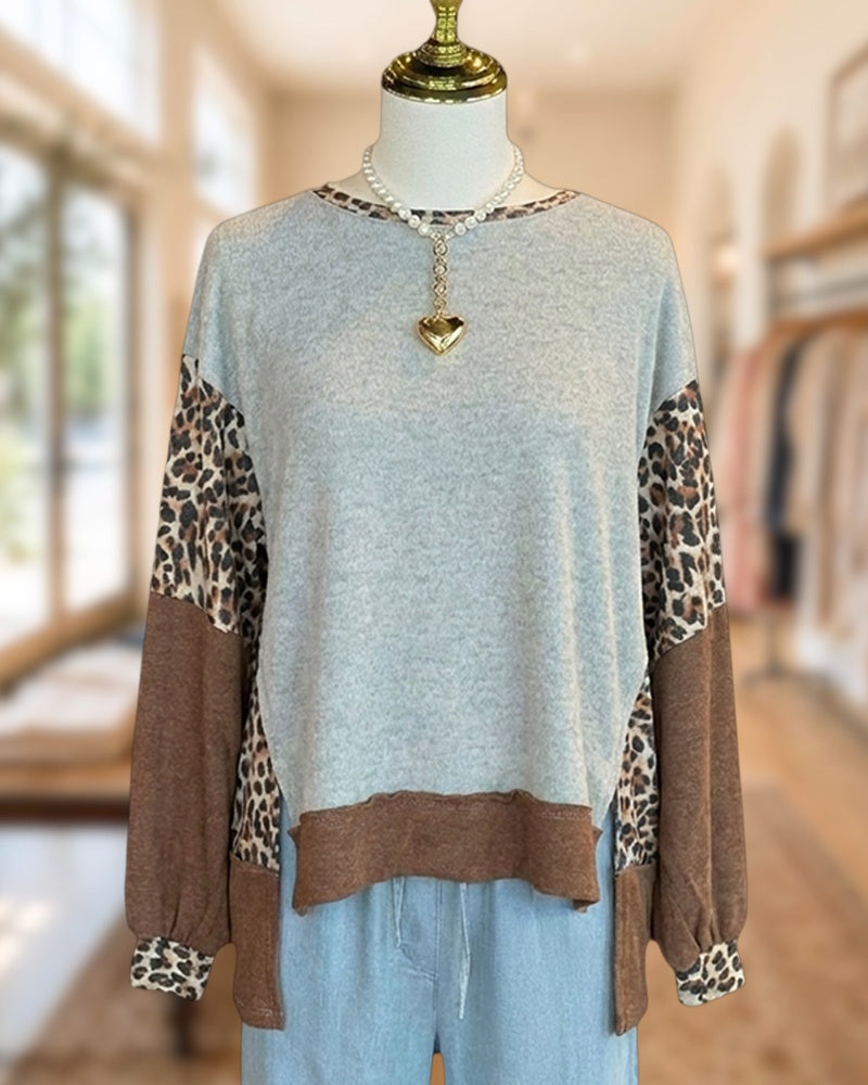 Patchwork Leopard Print Color Block Cozy Round Neck Shirt