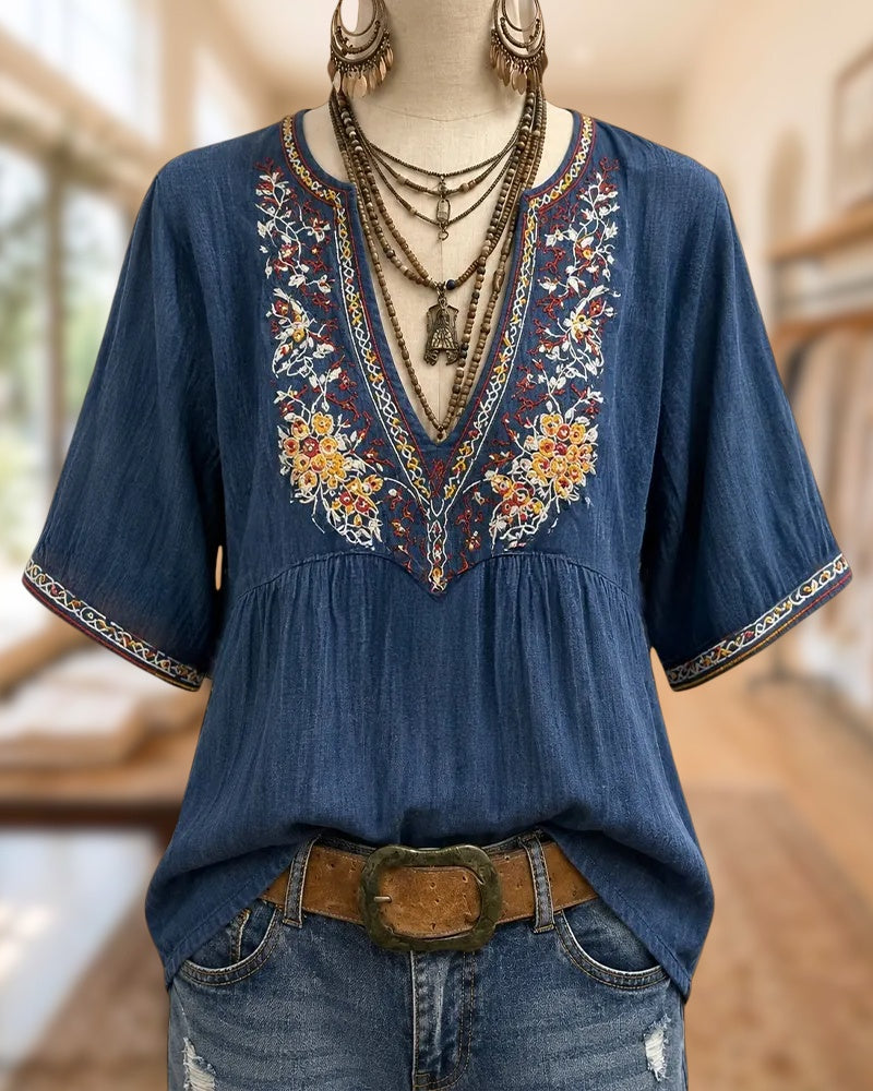 V Neck Floral Embroidered Gathered Short Sleeve Loose Casual Blouse