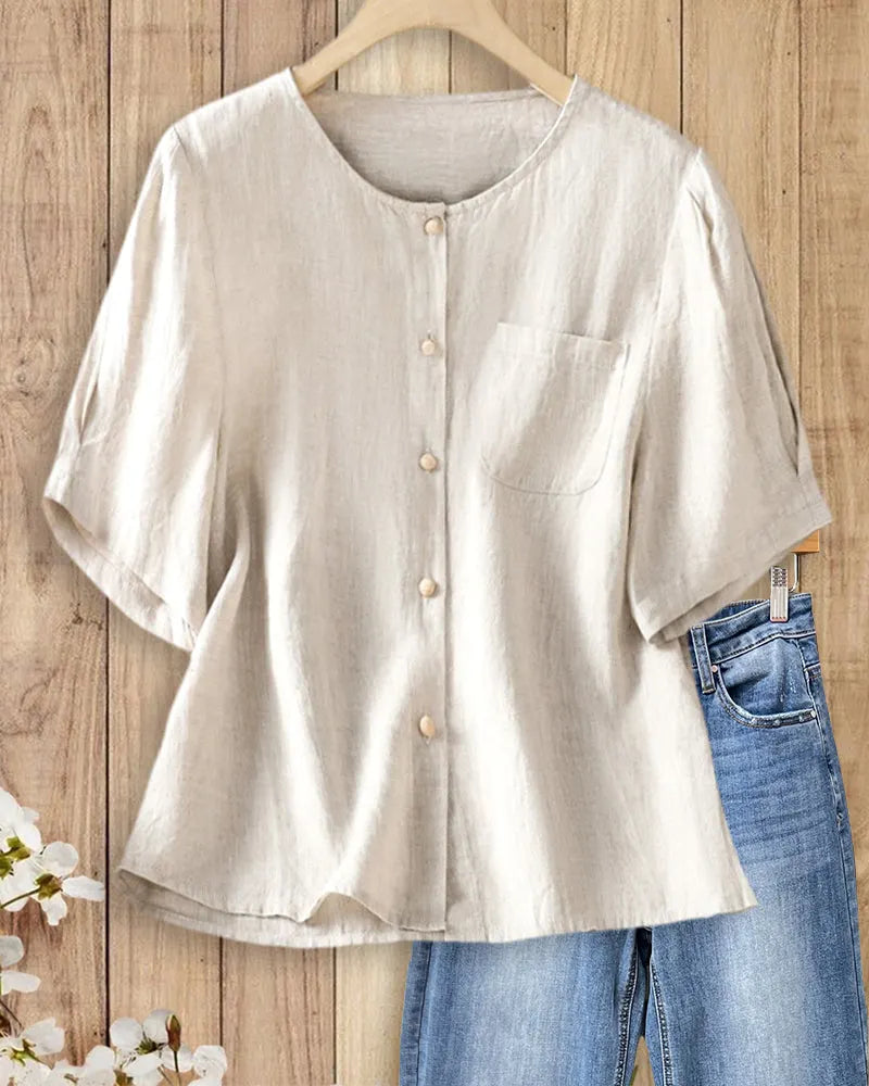 Button Front Short Sleeve Chest Pocket Relaxed Casual Blouse