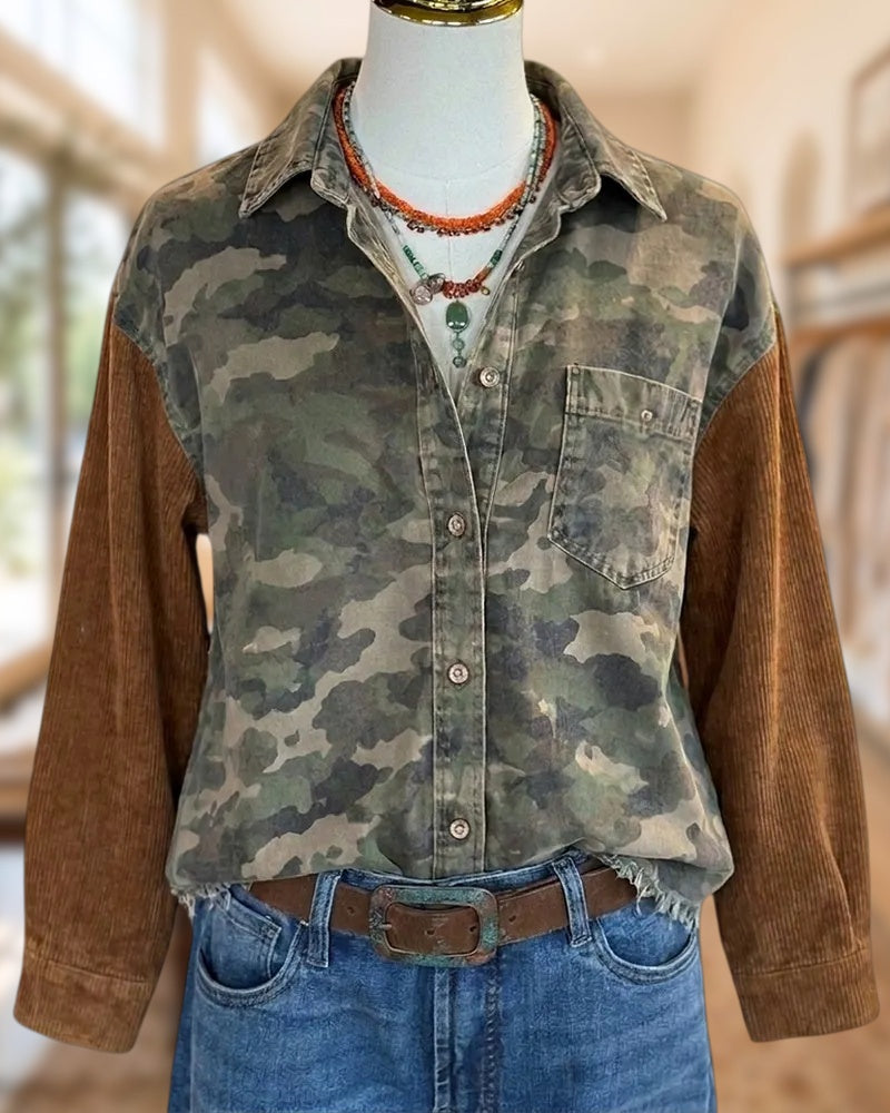 Camouflage Contrast Corduroy Sleeve Raw Hem Pocket Shirt