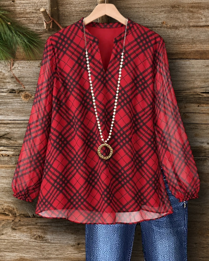 Plaid Print V Neck Long Sleeve Loose Fit Casual Blouse