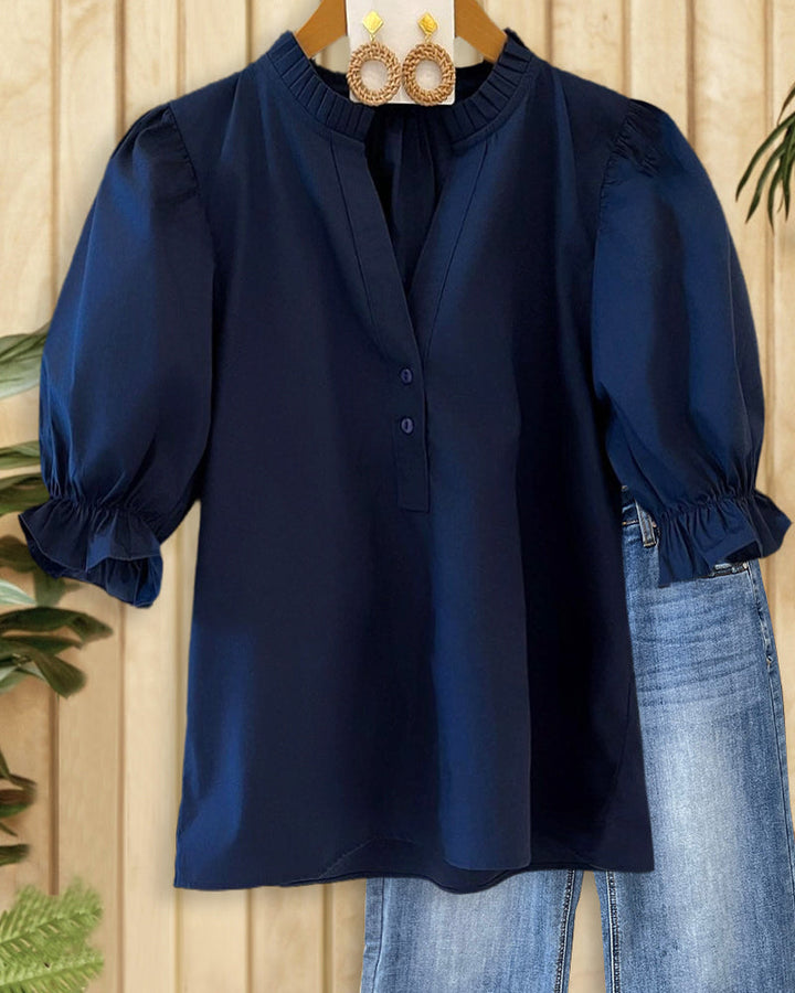 Solid Color V Neck Puff Sleeve Stylish Blouse