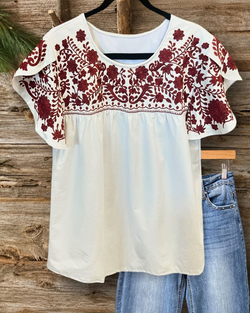 Floral Embroidered Flutter Sleeve Round Neck Babydoll Casual Top
