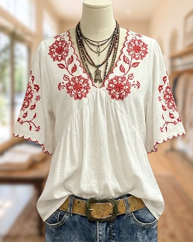 Floral Embroidered V Neck Scalloped Trim Gathered Loose Blouse
