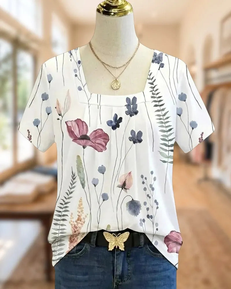 Square Neck Short Sleeve Floral Print Casual Blouse