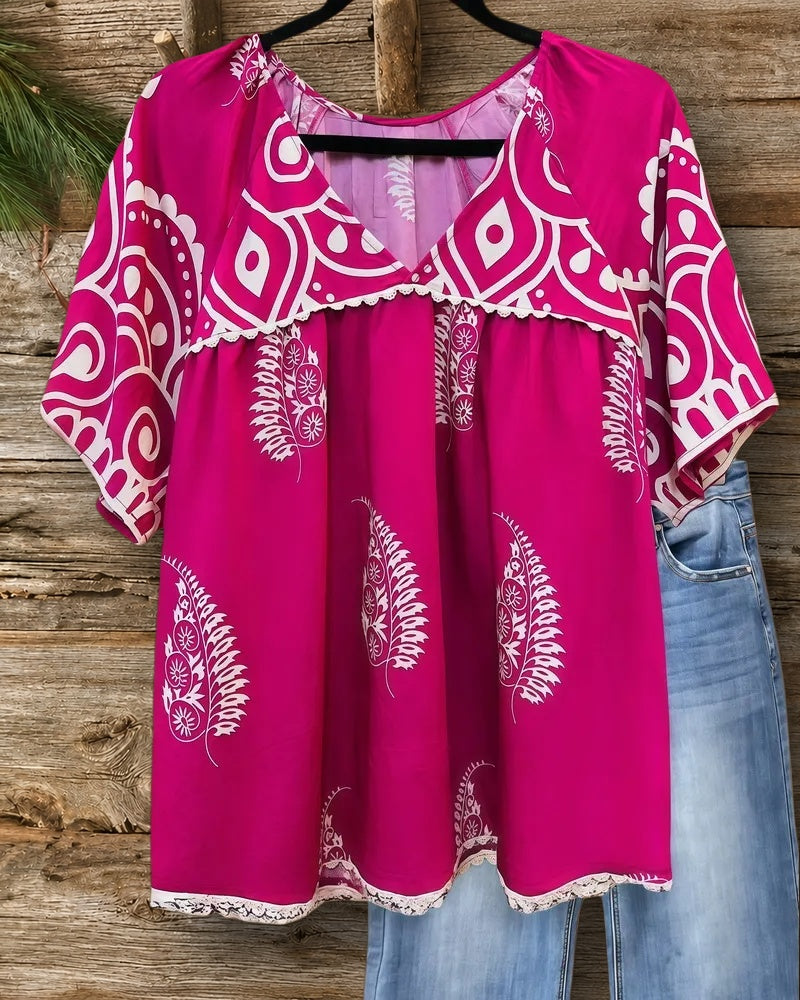Floral Print V Neck Ethnic Scalloped Trim Blouse