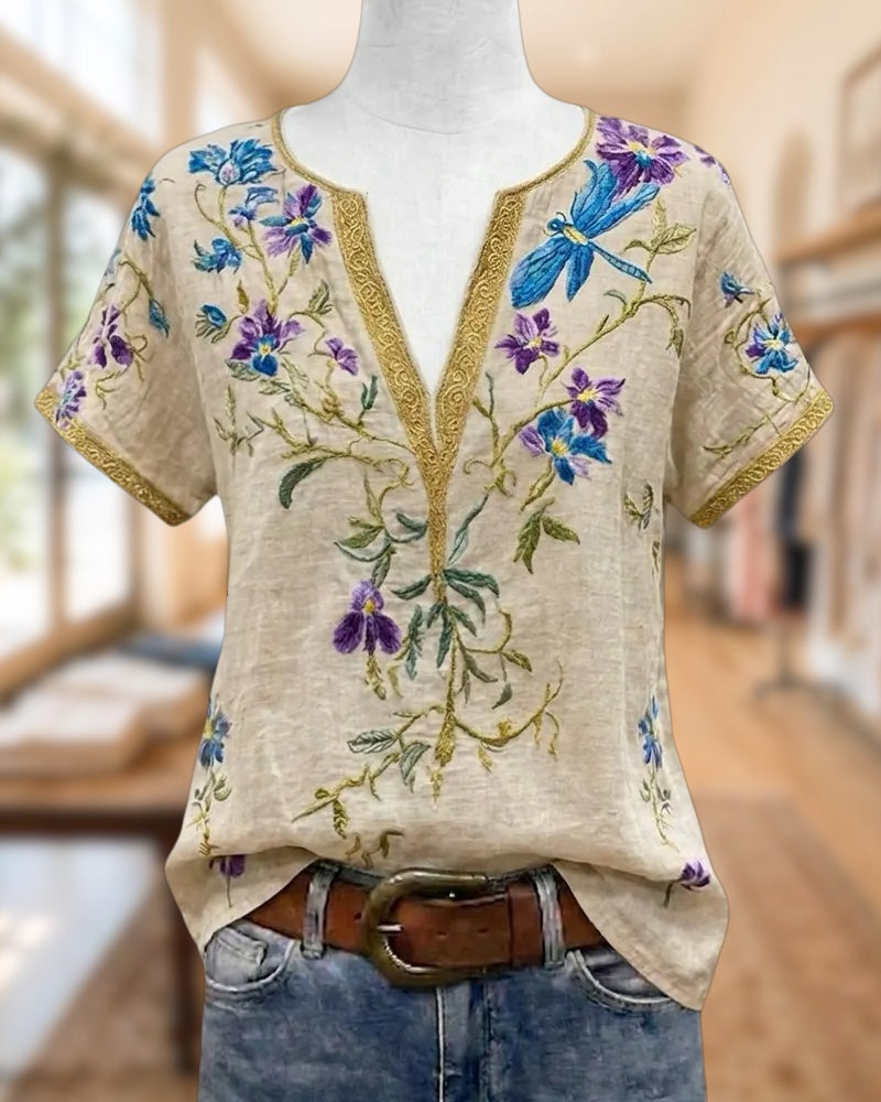 Embroidered V-Neck Short Sleeve Loose Boho Casual Blouse