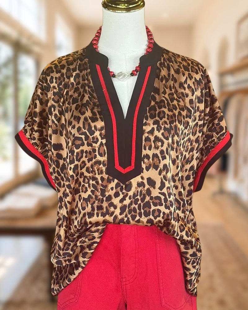 Leopard Print Contrast Trim V Neck Short Sleeve Blouse