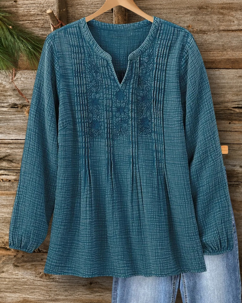 Embroidered Pleated V Neck Loose Fit Long Sleeve Blouse