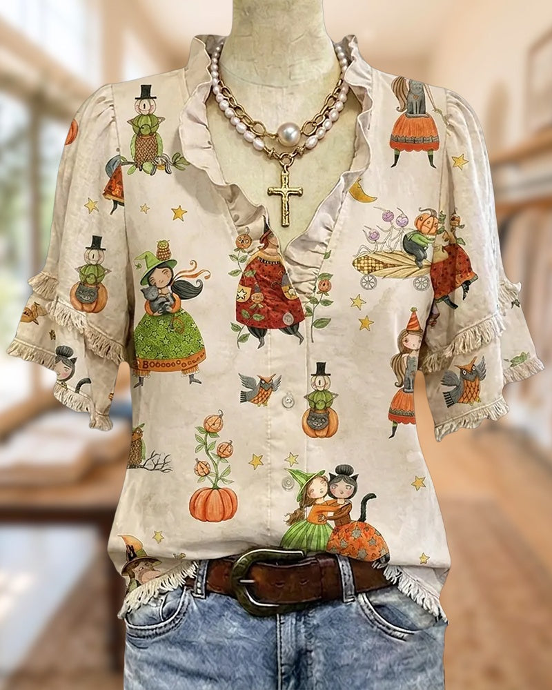 Halloween Print Tassels Trim V Neck Button Front Blouse