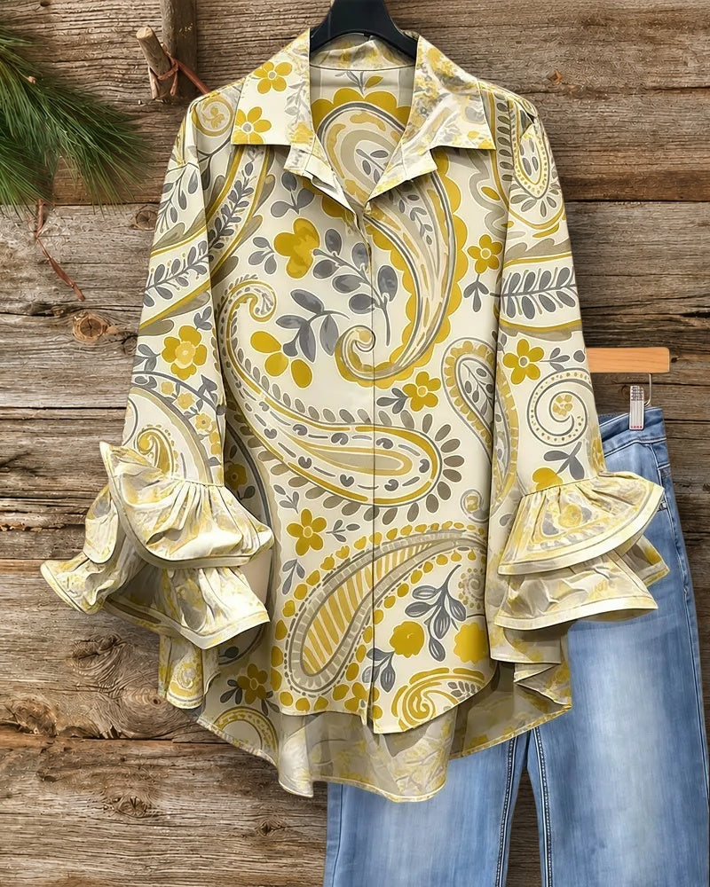 Paisley Print Retro Ruffle Sleeve Button Up Blouse