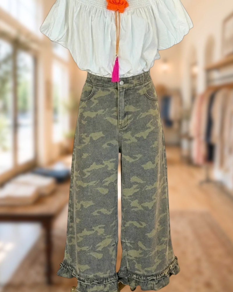 High Waist Camo Ruffled Hem Wide Leg Pants