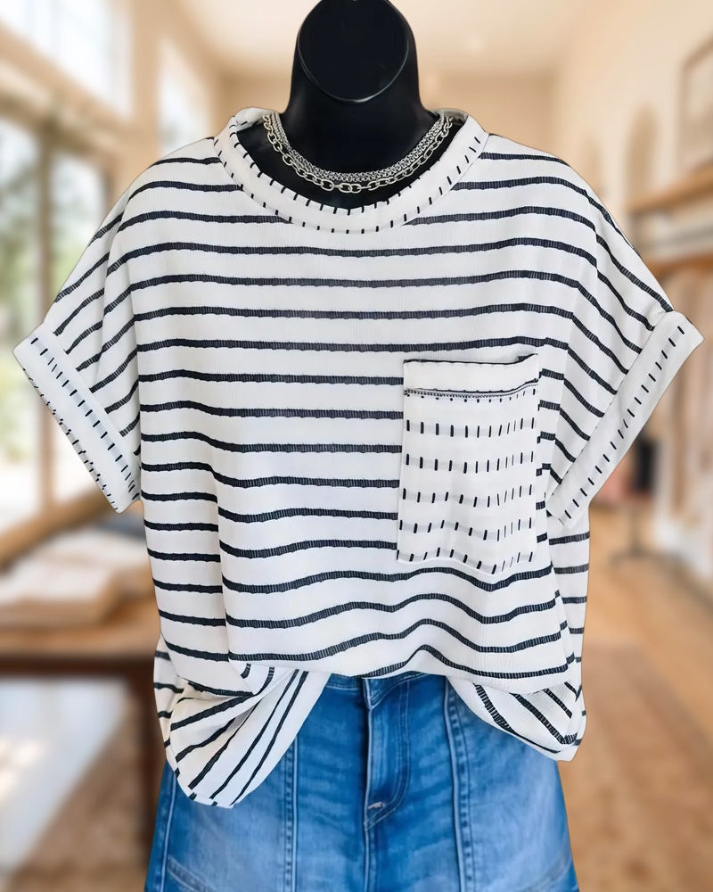 Striped Stitch Detail Chest Pocket Cuffed Short Sleeve T-shirt