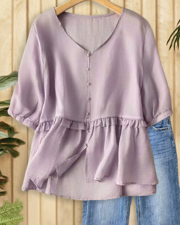 Solid Color V Neck Button Down Sweet Peplum Blouse