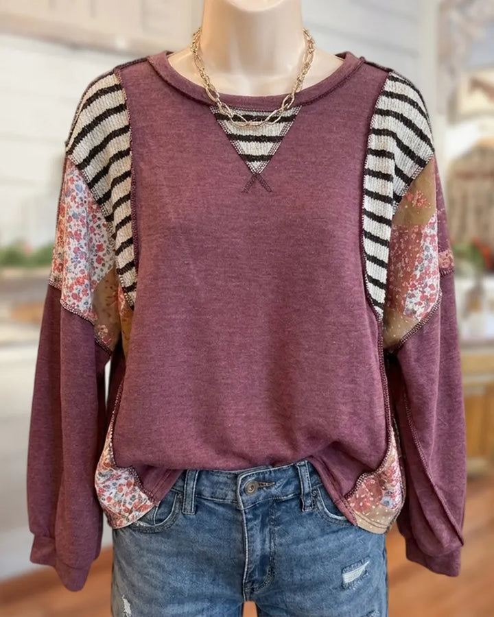 Patchwork Contrast Panel Crew Neck Long Sleeve Casual Blouse