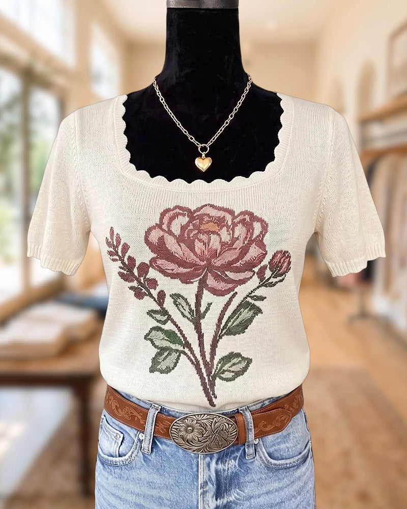 Scalloped Square Neck Floral Short Sleeve Casual Knit Top
