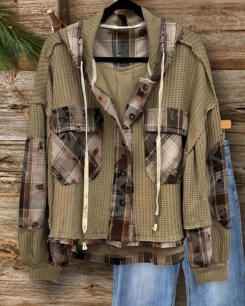 Mixed Patchwork Boyish Hooded Button Blouse