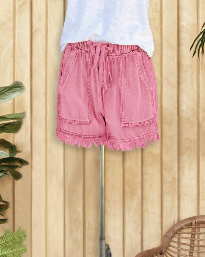 Solid Color Denim Casual Drawstring Frayed Shorts