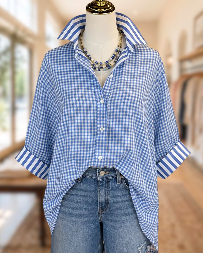 Gingham Striped Trim Collar Button Front Loose Casual Shirt
