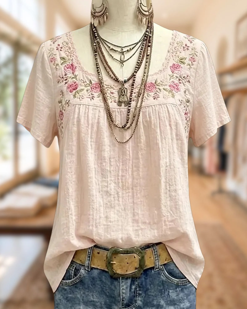 Square Neck Floral Embroidered Short Sleeve Shirred Casual Blouse