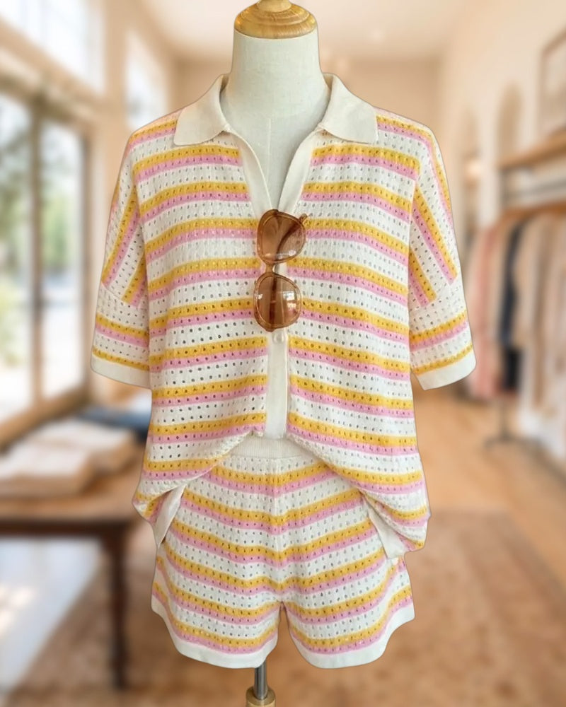 Striped Knit Collared Top And Shorts Two Piece Set