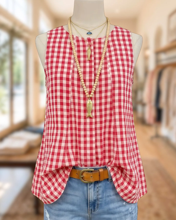 Sleeveless Round Neck Gingham Daily Tank Top