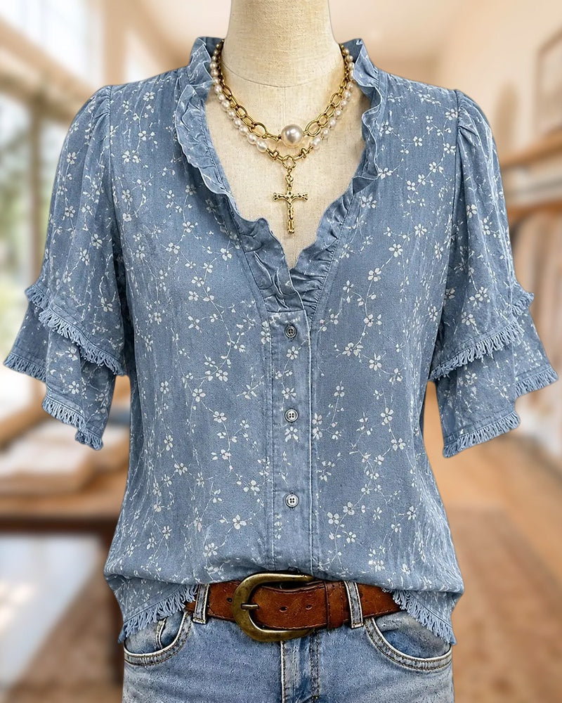 Ruffled Trim Tiered Sleeve Blouse