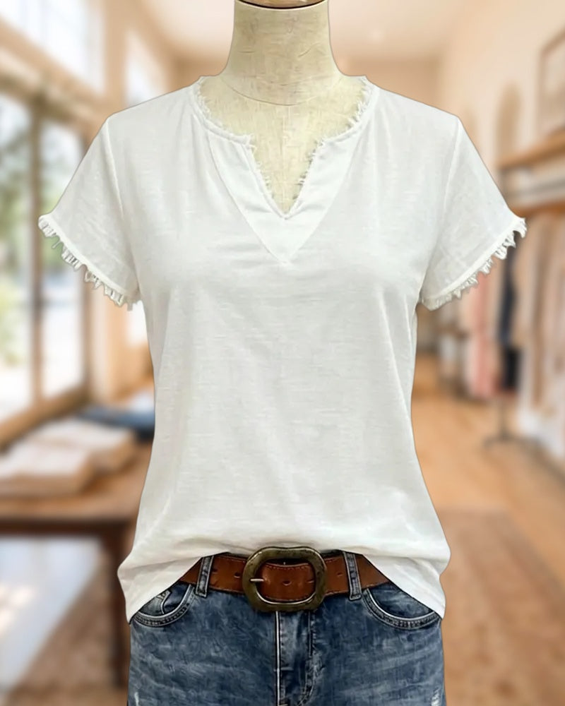 Frayed Trim V Neck Short Sleeve Casual Daily T-shirt