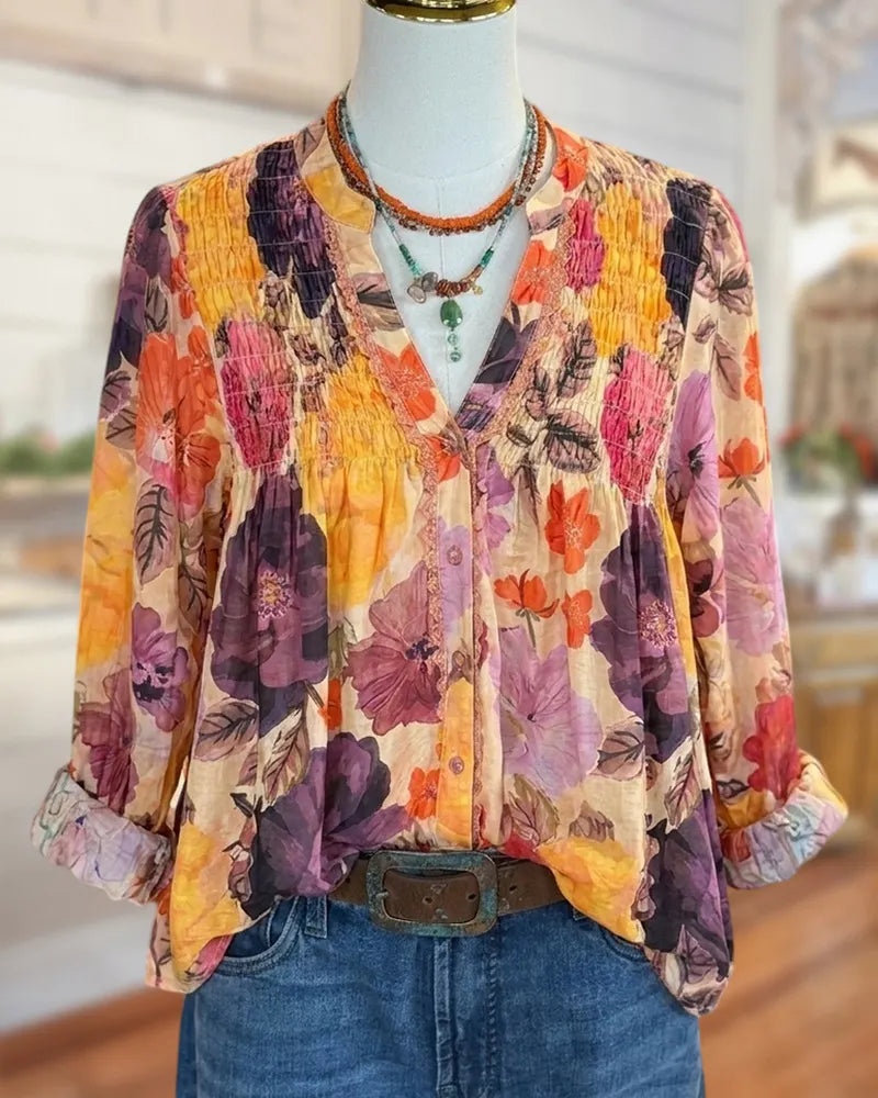 Floral Print Smocked Yoke V Neck Button Front Loose Blouse