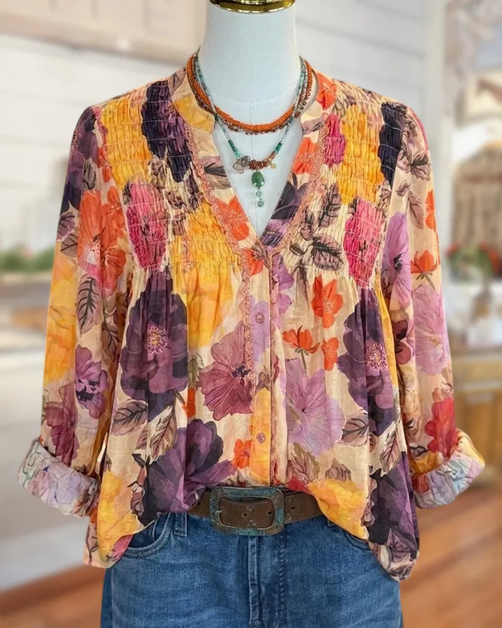Floral Print Smocked Yoke V Neck Button Front Loose Blouse