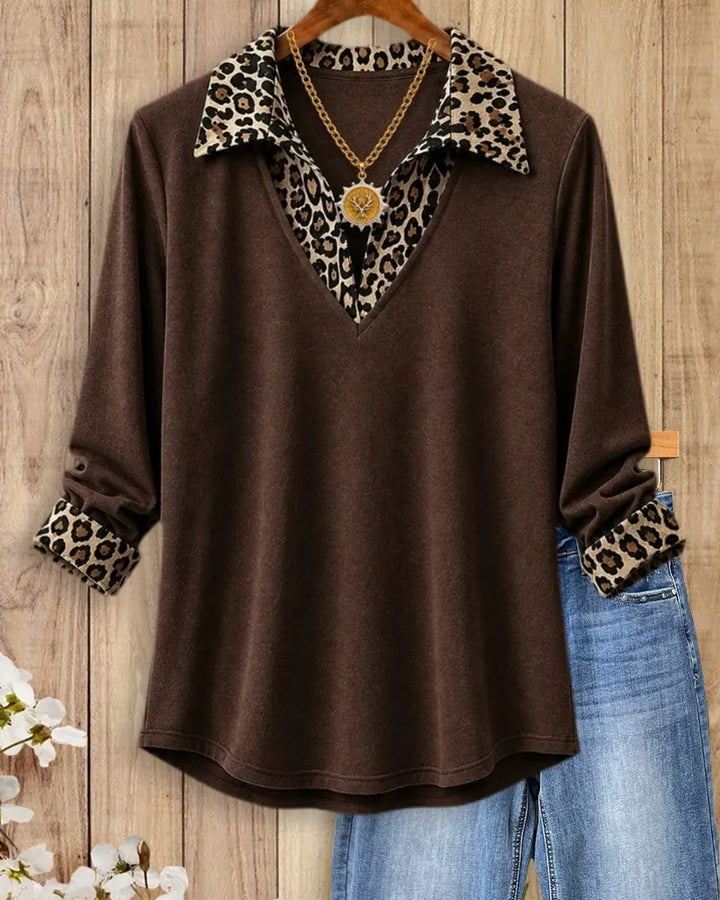 Leopard Trim Collared Long Sleeve Stylish Blouse