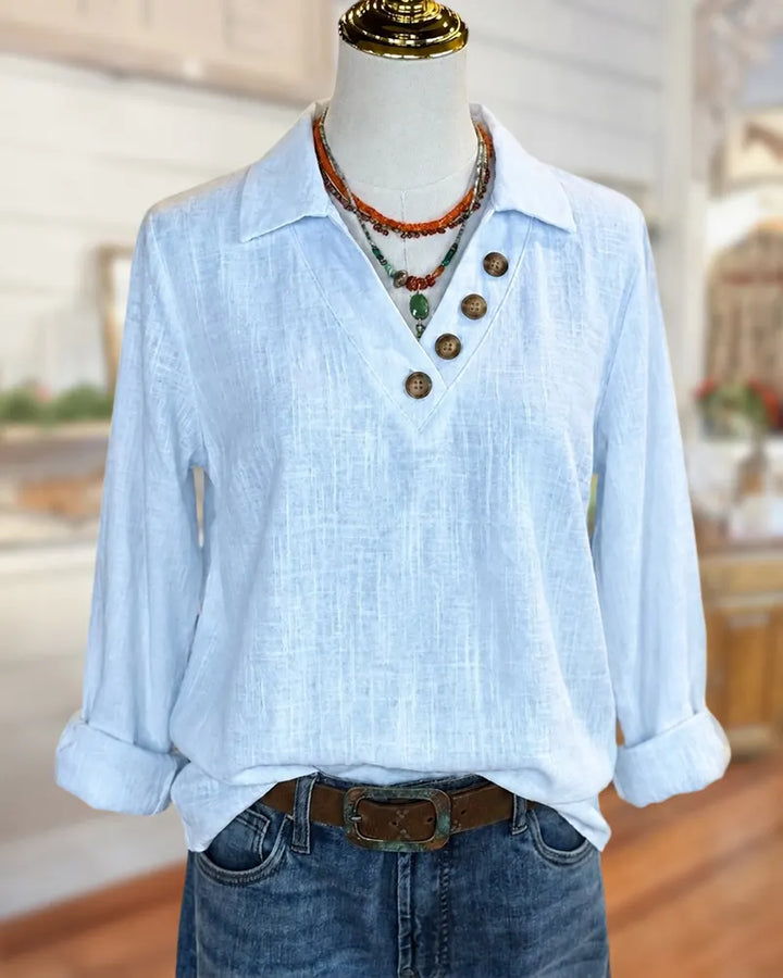 Collared V Neck Button Detail Long Sleeve Casual Blouse