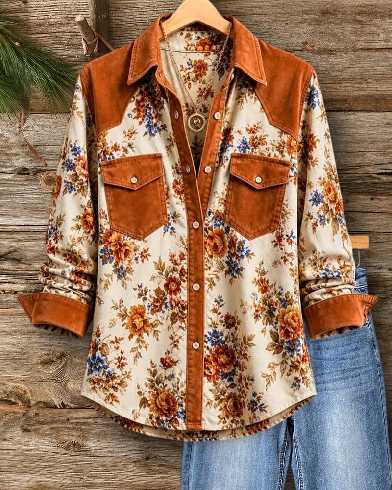 Patchwork Floral Print Button Front Flap Pocket Retro Shirt