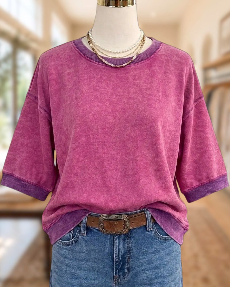 3/4 Sleeve Crew Neck Contrast Trim Casual Drop Shoulder Blouse