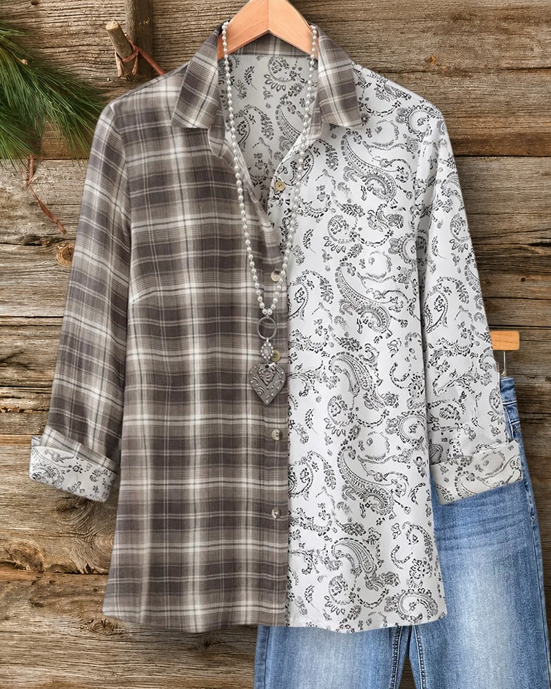 Plaid & Paisley Contrast Long Sleeve Button Up Shirt