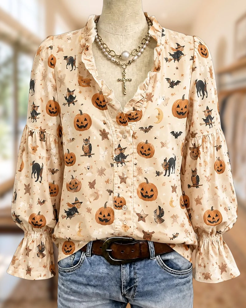 Halloween Print Ruffle V Neck Button Front Bell Sleeve Blouse