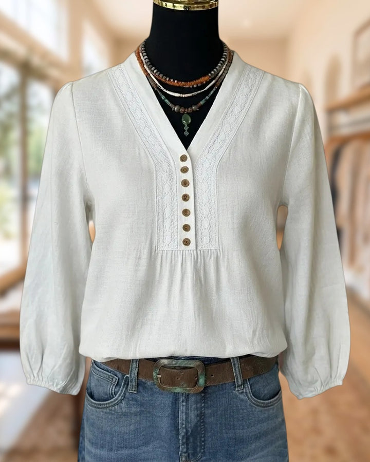 V Neck Button Placket 3/4 Sleeve Lace Trim Blouse