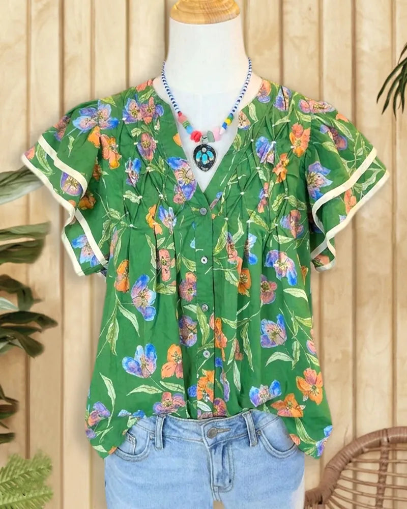 Floral Print V Neck Pleated Contrast Trim Flutter Sleeve Blouse