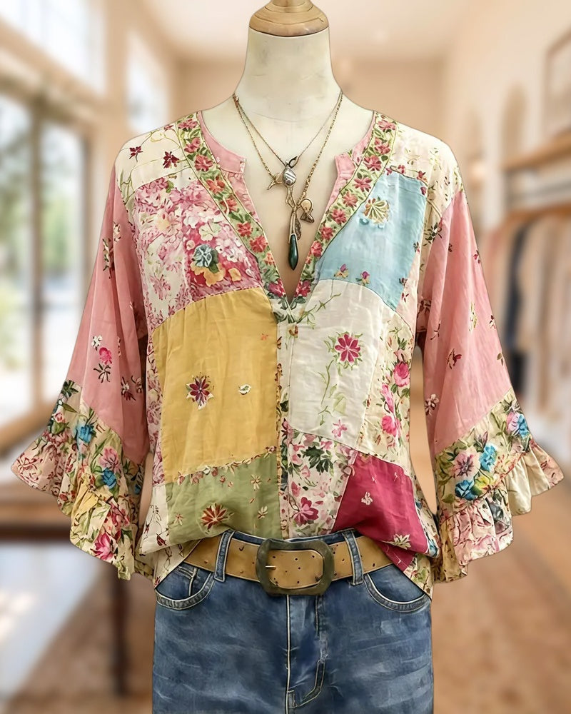 Floral Print Color Block Ruffle Sleeve Rocking Blouse