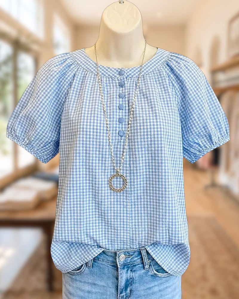 Gingham Puff Sleeve Button Front Gathered Neck Blouse