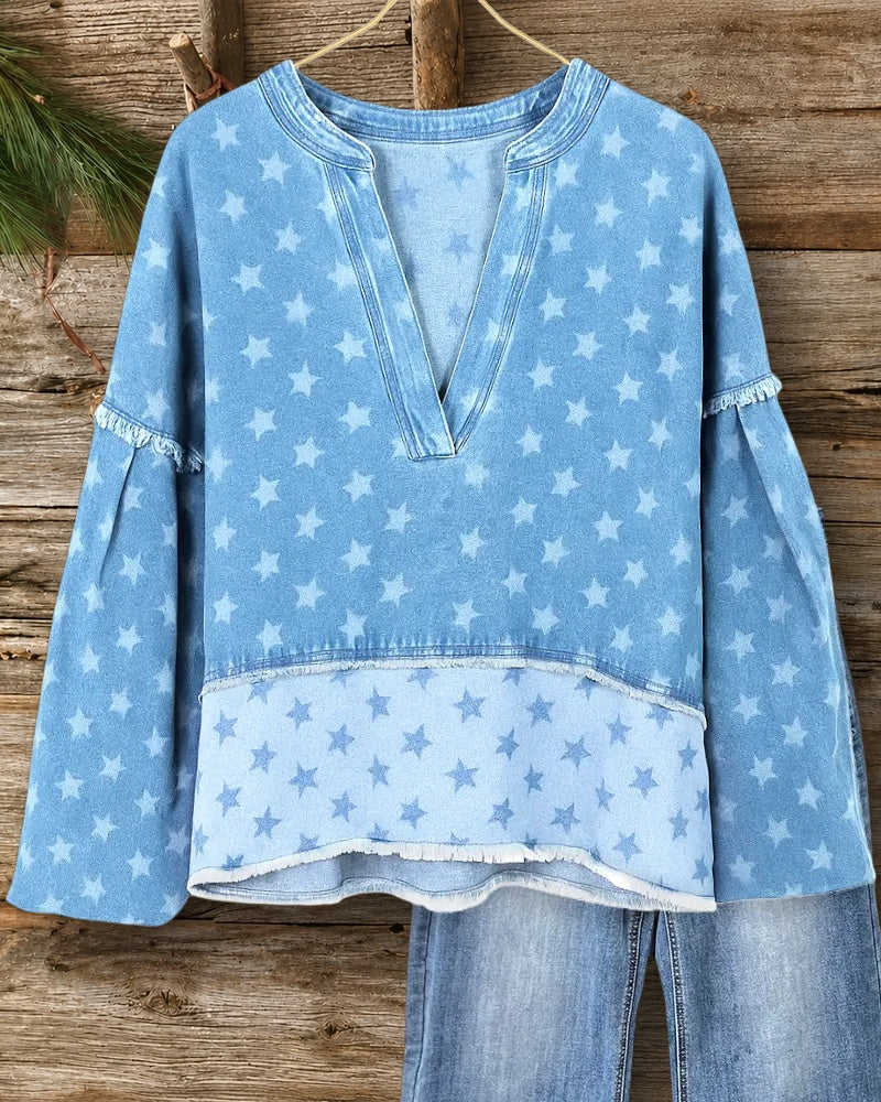 Star Print Color Block Denim On-trend Frayed Sweatshirt