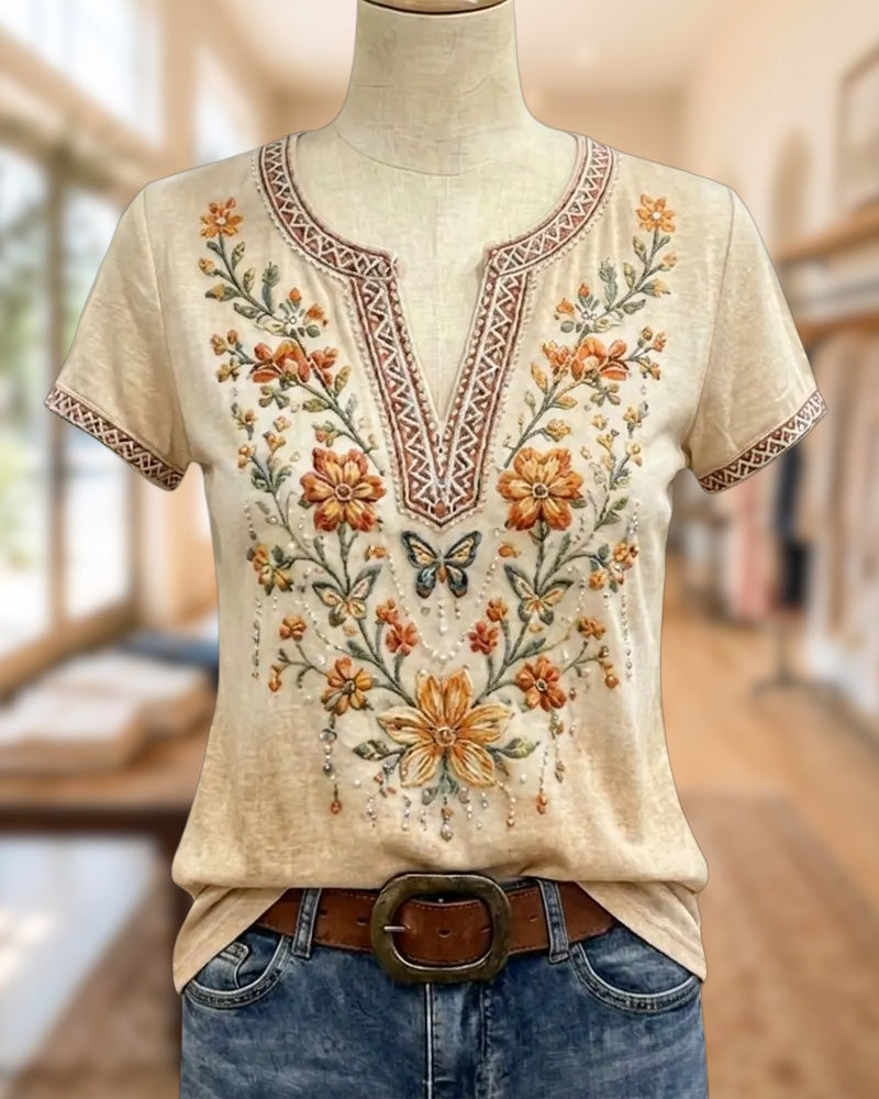 Embroidered Floral Split V Neck Short Sleeve Casual T-shirt