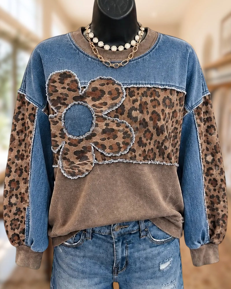 Leopard Patchwork Flower Applique Crew Neck Sweatshirt