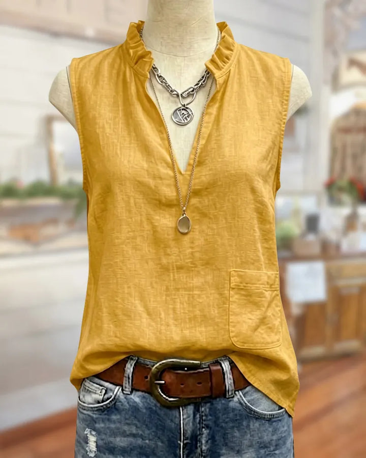 Ruffled Collar V Neck Sleeveless Patch Pocket Blouse